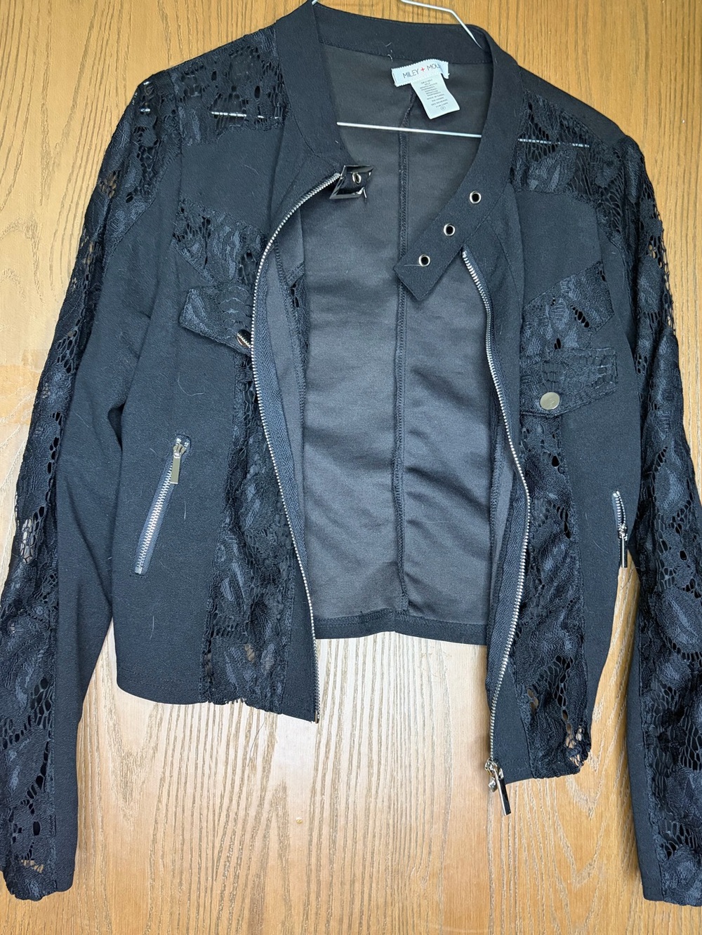 Miley Cyrus & Max Azria Black Lace-Panel Moto Jacket